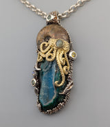 Nacreous Ammonite Fossil and Drusy Chrysocolla in Sterling Silver and 14kt Gold "Jurassic Classic" Pendant
