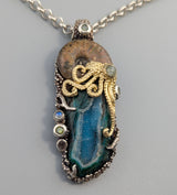 Nacreous Ammonite Fossil and Drusy Chrysocolla in Sterling Silver and 14kt Gold "Jurassic Classic" Pendant