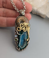 Nacreous Ammonite Fossil and Drusy Chrysocolla in Sterling Silver and 14kt Gold "Jurassic Classic" Pendant
