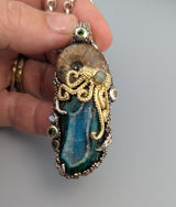 Nacreous Ammonite Fossil and Drusy Chrysocolla in Sterling Silver and 14kt Gold "Jurassic Classic" Pendant
