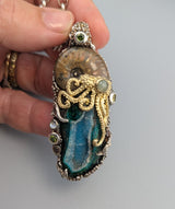 Nacreous Ammonite Fossil and Drusy Chrysocolla in Sterling Silver and 14kt Gold "Jurassic Classic" Pendant
