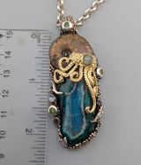 Nacreous Ammonite Fossil and Drusy Chrysocolla in Sterling Silver and 14kt Gold "Jurassic Classic" Pendant