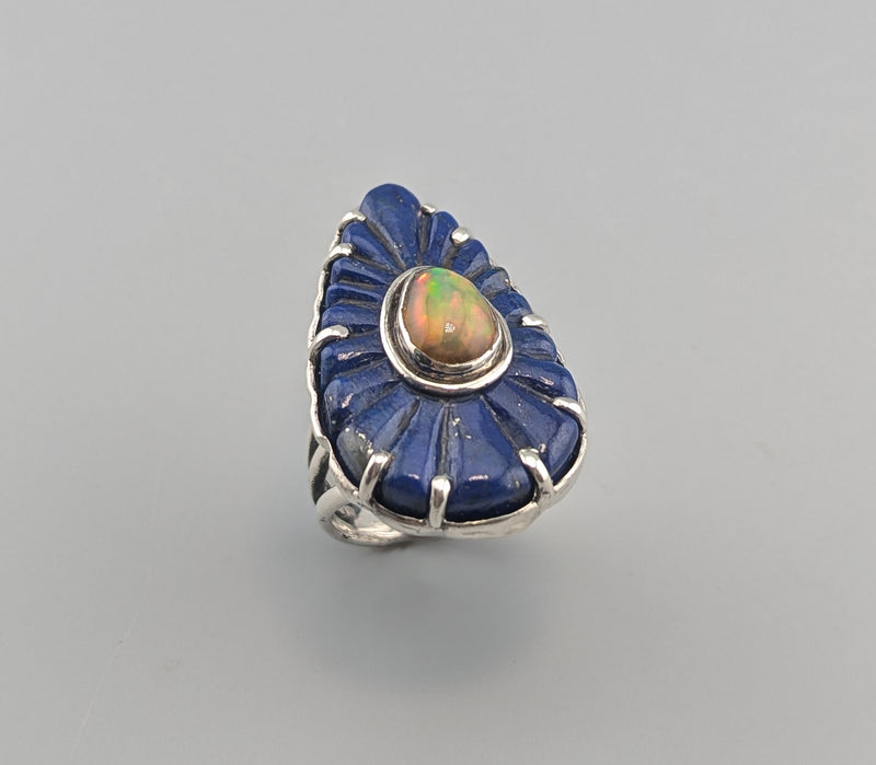 Carved Fine Lapis Lazuli and Ethiopian opal Sterling Silver Ring