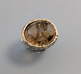 Carved Smoky Quartz Sterling Silver Ring with 14kt Gold Bezel