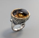 Carved Smoky Quartz Sterling Silver Ring with 14kt Gold Bezel