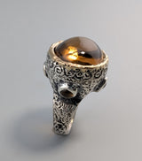 Carved Smoky Quartz Sterling Silver Ring with 14kt Gold Bezel