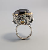 Carved Smoky Quartz Sterling Silver Ring with 14kt Gold Bezel