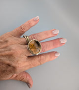 Carved Smoky Quartz Sterling Silver Ring with 14kt Gold Bezel