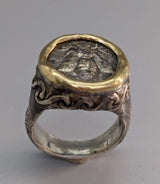 Ephesus Bee Drachm Sterling Silver Ring with Gold Bezel