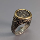Ephesus Bee Drachm Sterling Silver Ring with Gold Bezel
