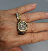 Ephesus Bee Drachm Sterling Silver Ring with Gold Bezel