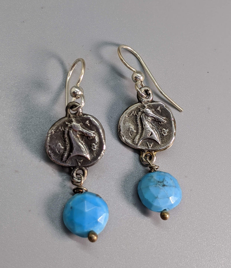 Sterling Silver Ancient Coin Replica Earrings, Horse Head