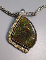 Ammolite Sterling Silver Pendant with Gold Strip on Side