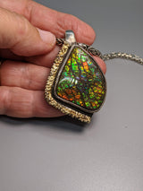 Ammolite Sterling Silver Pendant with Gold Strip on Side