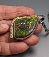 Ammolite Sterling Silver Pendant with Gold Strip on Side