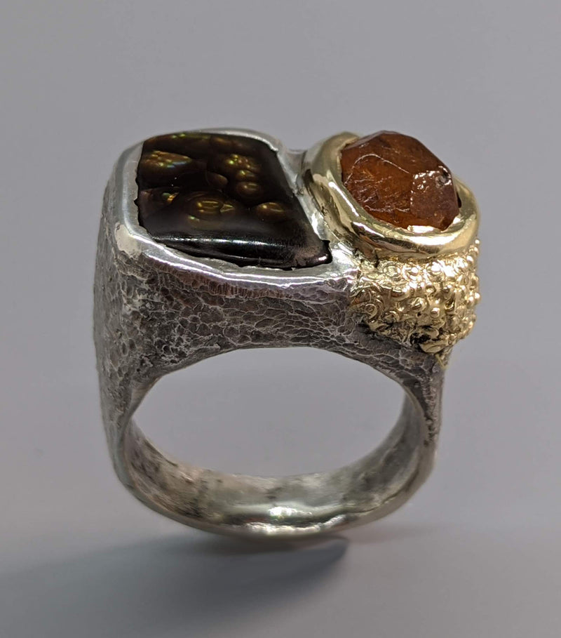 Fire Agate Sterling Silver Ring with Spessartite Garnet and 14kt Gold Section