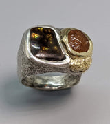 Fire Agate Sterling Silver Ring with Spessartite Garnet and 14kt Gold Section