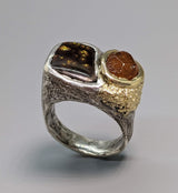Fire Agate Sterling Silver Ring with Spessartite Garnet and 14kt Gold Section