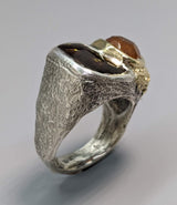 Fire Agate Sterling Silver Ring with Spessartite Garnet and 14kt Gold Section