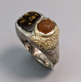 Fire Agate Sterling Silver Ring with Spessartite Garnet and 14kt Gold Section