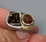 Fire Agate Sterling Silver Ring with Spessartite Garnet and 14kt Gold Section