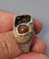 Fire Agate Sterling Silver Ring with Spessartite Garnet and 14kt Gold Section