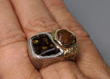 Fire Agate Sterling Silver Ring with Spessartite Garnet and 14kt Gold Section