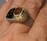 Fire Agate Sterling Silver Ring with Spessartite Garnet and 14kt Gold Section