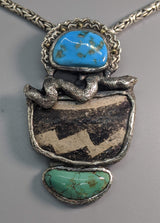 Pre-Pueblo Pottery Shard, Turquoise in Sterling Silver Rattle Snake Pendant with High Karat Gold Studs