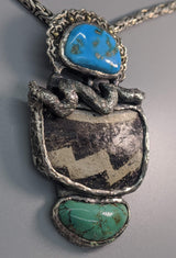 Pre-Pueblo Pottery Shard, Turquoise in Sterling Silver Rattle Snake Pendant with High Karat Gold Studs