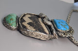 Pre-Pueblo Pottery Shard, Turquoise in Sterling Silver Rattle Snake Pendant with High Karat Gold Studs