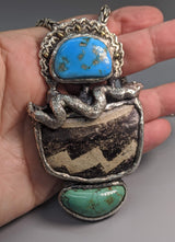 Pre-Pueblo Pottery Shard, Turquoise in Sterling Silver Rattle Snake Pendant with High Karat Gold Studs