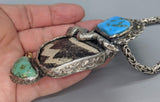 Pre-Pueblo Pottery Shard, Turquoise in Sterling Silver Rattle Snake Pendant with High Karat Gold Studs