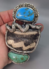 Pre-Pueblo Pottery Shard, Turquoise in Sterling Silver Rattle Snake Pendant with High Karat Gold Studs