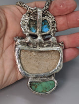 Pre-Pueblo Pottery Shard, Turquoise in Sterling Silver Rattle Snake Pendant with High Karat Gold Studs