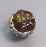 Fire Agate Sterling Silver Ring with High Karat Natural Gold Nuggets on Side