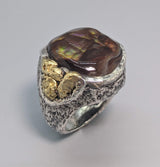 Fire Agate Sterling Silver Ring with High Karat Natural Gold Nuggets on Side