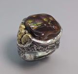 Fire Agate Sterling Silver Ring with High Karat Natural Gold Nuggets on Side