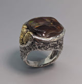 Fire Agate Sterling Silver Ring with High Karat Natural Gold Nuggets on Side