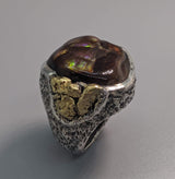 Fire Agate Sterling Silver Ring with High Karat Natural Gold Nuggets on Side