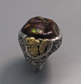 Fire Agate Sterling Silver Ring with High Karat Natural Gold Nuggets on Side