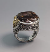 Fire Agate Sterling Silver Ring with High Karat Natural Gold Nuggets on Side