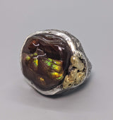 Fire Agate Sterling Silver Ring with High Karat Natural Gold Nuggets on Side