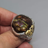 Fire Agate Sterling Silver Ring with High Karat Natural Gold Nuggets on Side