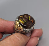 Fire Agate Sterling Silver Ring with High Karat Natural Gold Nuggets on Side