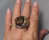Fire Agate Sterling Silver Ring with High Karat Natural Gold Nuggets on Side