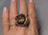Fire Agate Sterling Silver Ring with High Karat Natural Gold Nuggets on Side