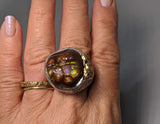 Fire Agate Sterling Silver Ring with High Karat Natural Gold Nuggets on Side