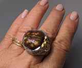 Fire Agate Sterling Silver Ring with High Karat Natural Gold Nuggets on Side