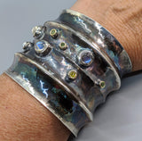 Wide Sterling Silver Cuff Bracelet with Rainbow Moonstones, Green and Yellow Diamonds in 14kt Gold Bezels
